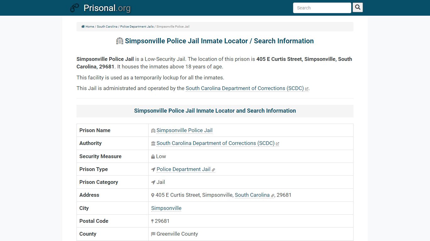 Simpsonville Police Jail-Inmate Locator/Search Info, Phone, Fax, Email ...